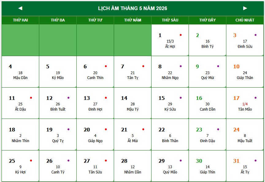 Lịch âm tháng 5 năm 2026
