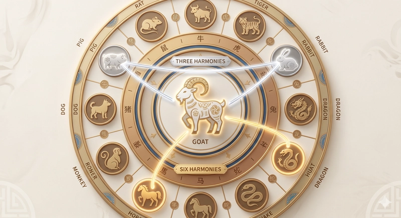 Sơ đồ trực quan minh họa các tuổi Đại Hợp (Ngọ, Hợi, Mão) mang lại cát khí cho gia chủ tuổi Mùi khi kết duyên. (Thiết kế bởi amduong.com.vn)