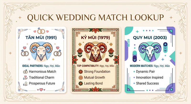 Bảng tóm tắt các tuổi hợp nhất để cưới xin cho gia chủ Tân Mùi, Kỷ Mùi và Quý Mùi. Hãy lưu về để tra cứu dễ dàng hơn! (Nguồn: amduong.com.vn)